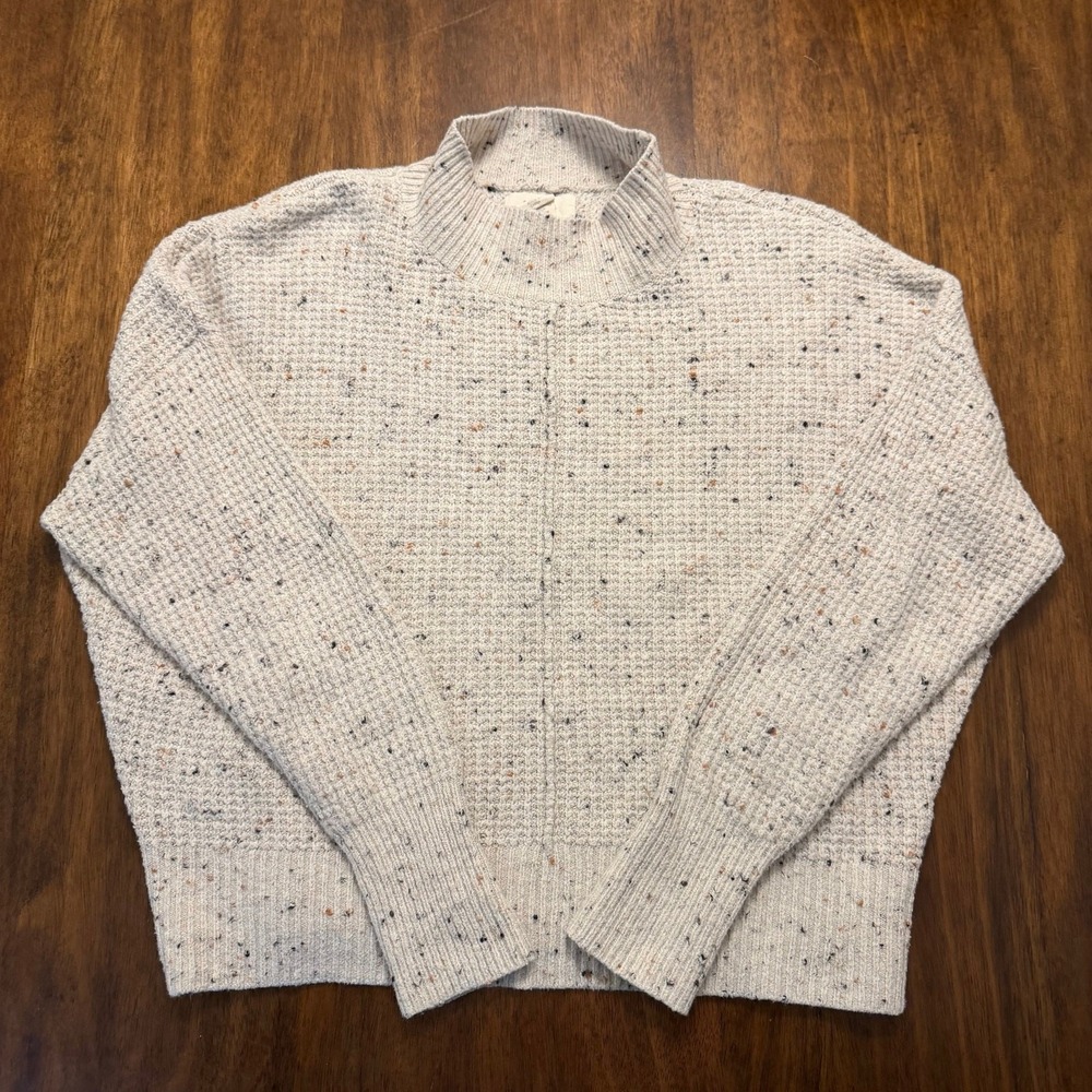 Kaisley Womens Mock Neck Waffle Knit Sweater Cream Confetti Speckled XS Relaxed